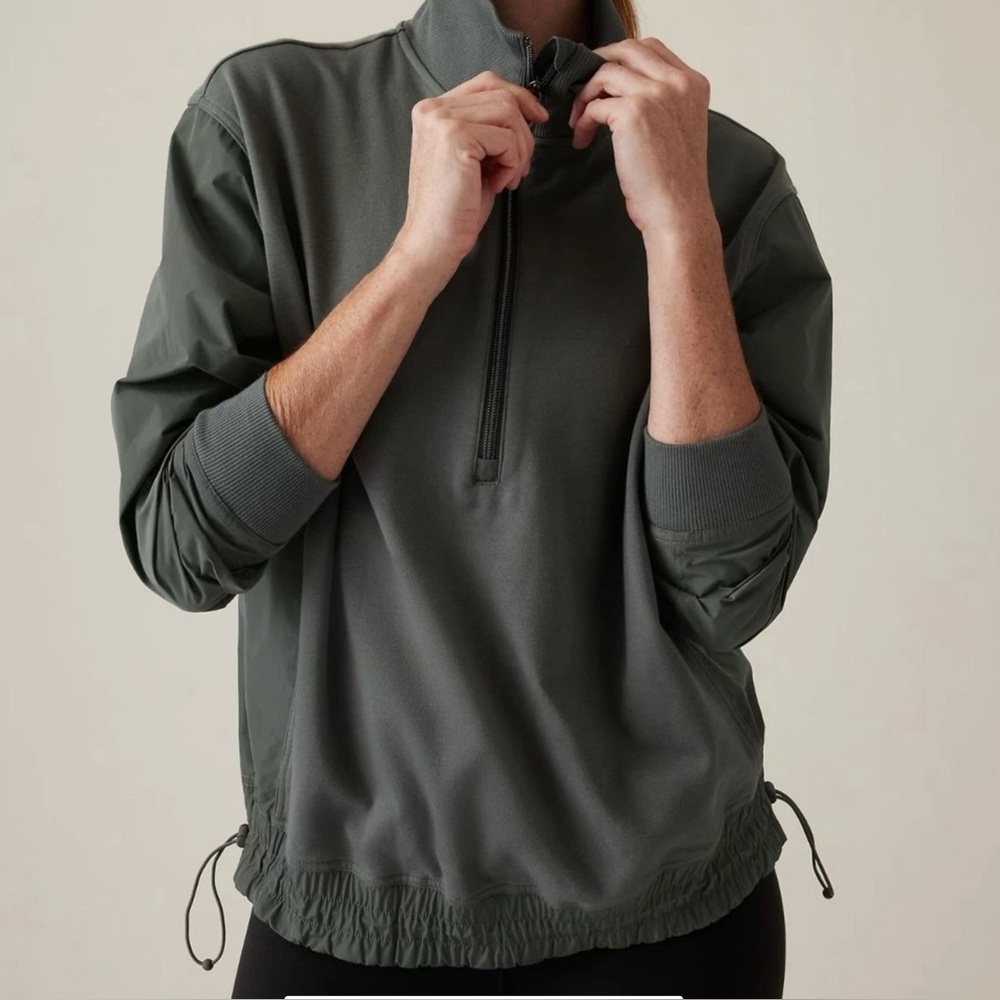 Athleta Sweatshirt Half Zip Triumph Hybrid Pullover Cinch Waist Olive Green  L
